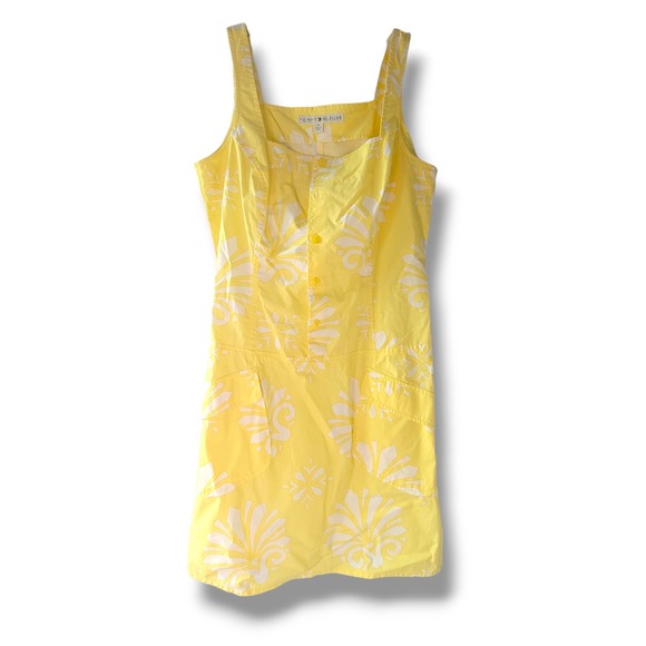 Vintage Tommy Hilfiger Yellow Sun Dress POCKETS Floral Buttons Sleeveless Summer - Picture 1 of 10